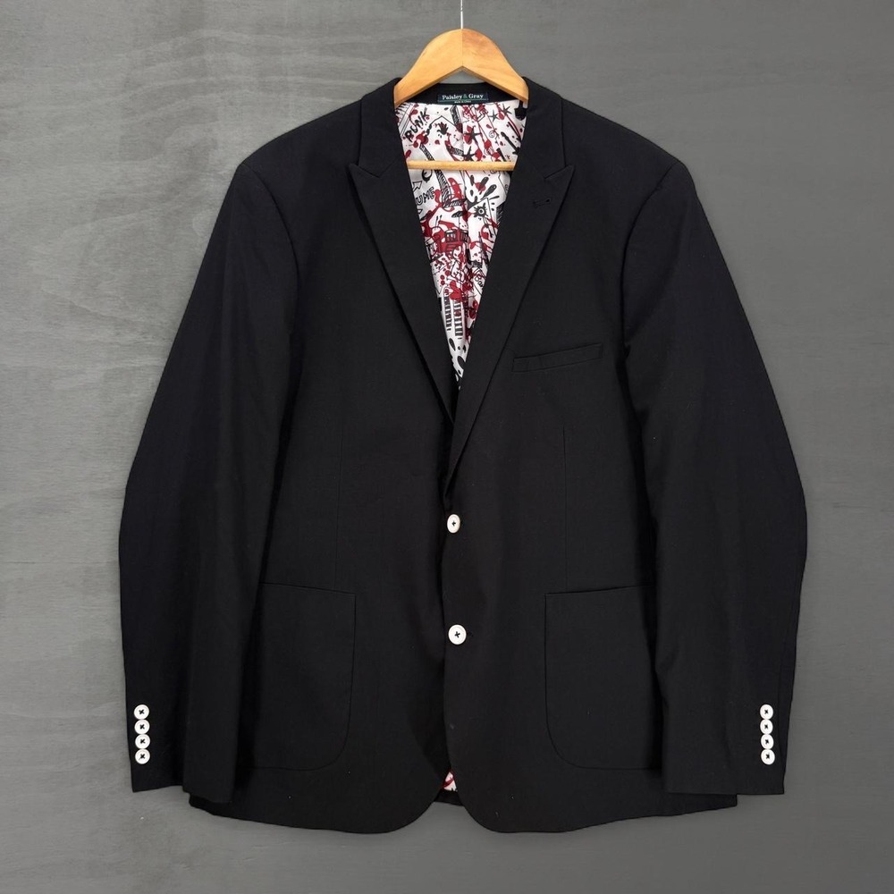 Paisley & Gray Blazer Black Punk Rock Music Graphic Lining Slim Fit 46R